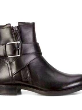Ecco Waterproof Black Leather Ankle Boot with Decorative Buckle 39